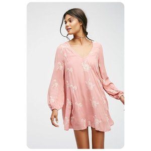 Free People Pink Cherry Blossom Embroidered Long Sleeve Swing Dress sz L